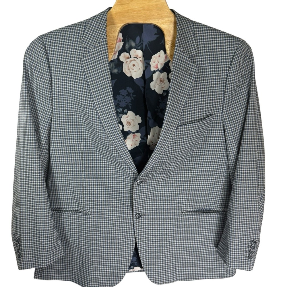 Alan Flusser Men 46R Blue/Gray Check w/Floral Lining Sport Coat Blazer Jacket